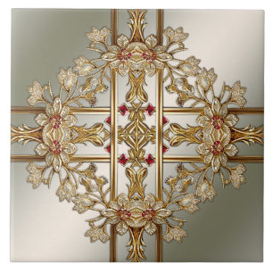 Gold Ornate Floral Ceramic Tile