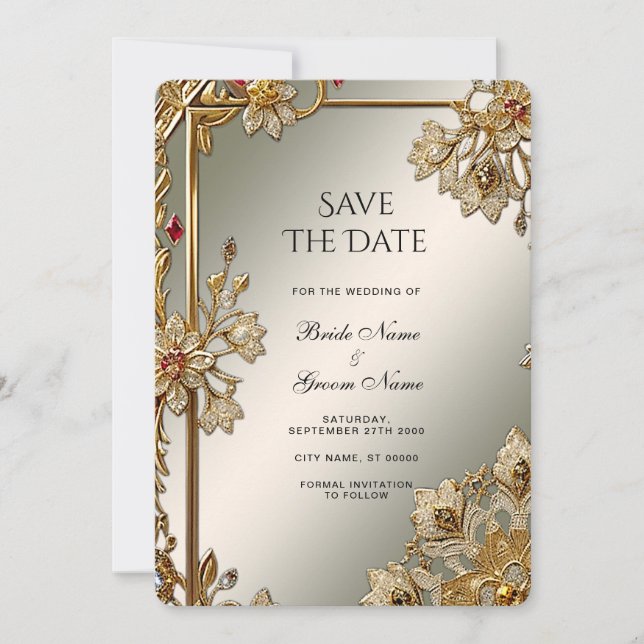 Gold Ornate Floral Frame Save The Date (Front)