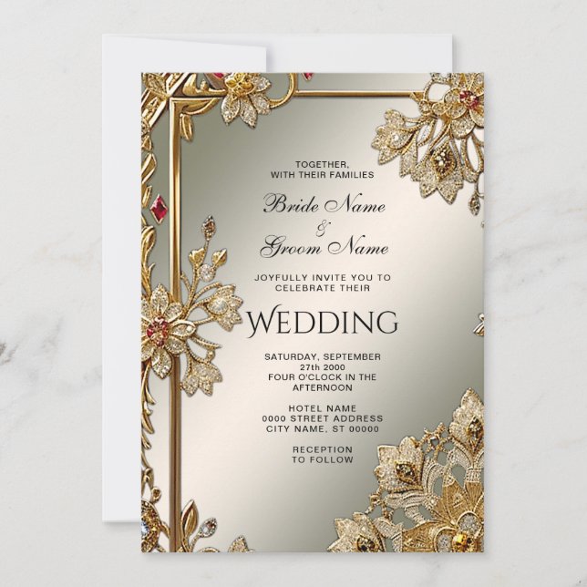 Gold Ornate Floral Frame Wedding Invitation (Front)