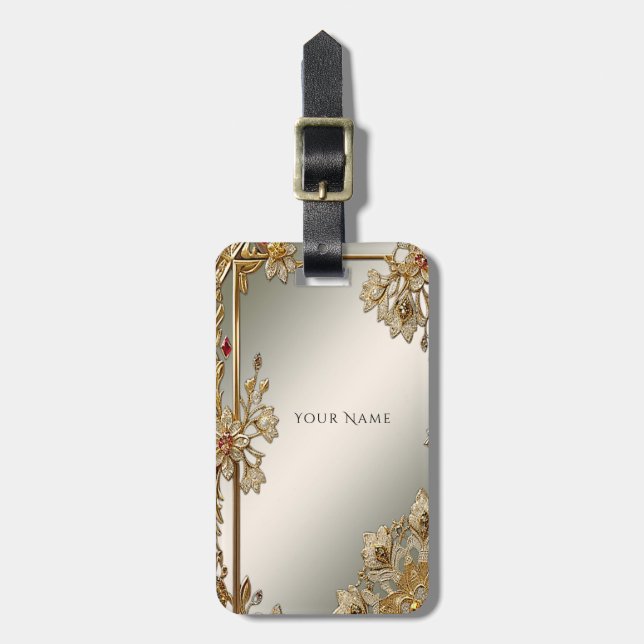 Gold Ornate Floral Luggage Tag (Front Vertical)