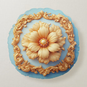 Gold Ornate Floral Medallion Design Round Cushion