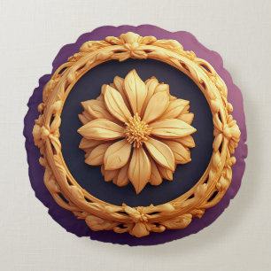 Gold Ornate Floral Medallion Design Round Cushion