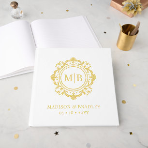Gold Ornate Floral Monogram Elegant Wedding Guest Book