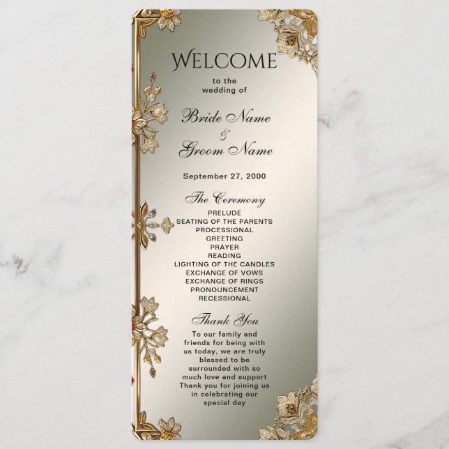 Gold Ornate Floral Wedding Program Programme (Front)