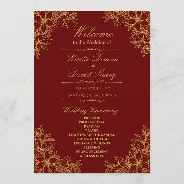 Gold Ornate Floral Wedding Programme (Front)