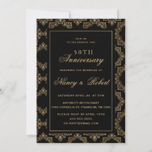 Gold Ornate Frame Black 50th Wedding Anniversary Invitation