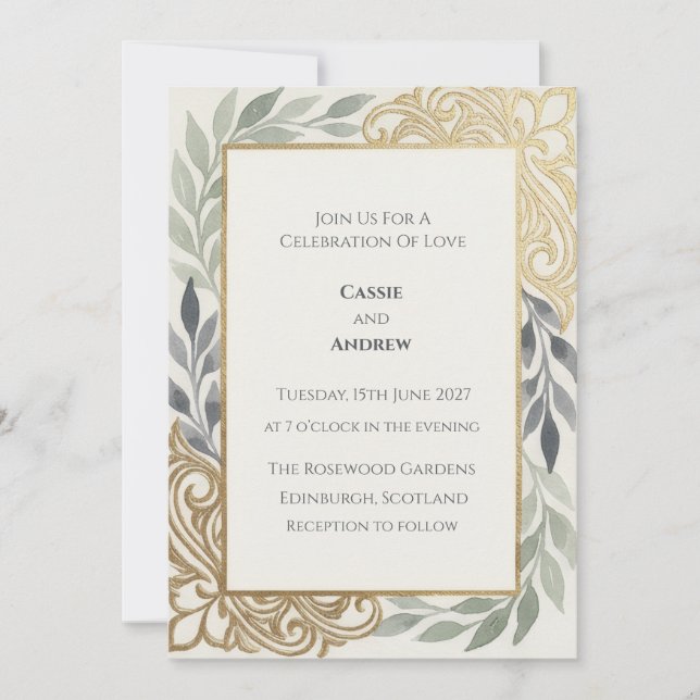 Gold Ornate Frame Sage Foliage Wedding Card (Front)