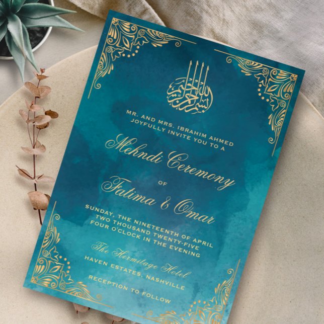 Gold Ornate Green Islamic Muslim Mehndi Ceremony Invitation (Creator Uploaded)