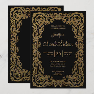 Gold Ornate Lace Frame Sweet 16 Invitation