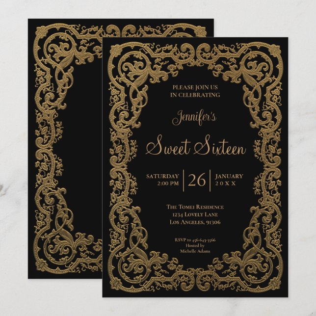 Gold Ornate Lace Frame Sweet 16 Invitation (Front/Back)