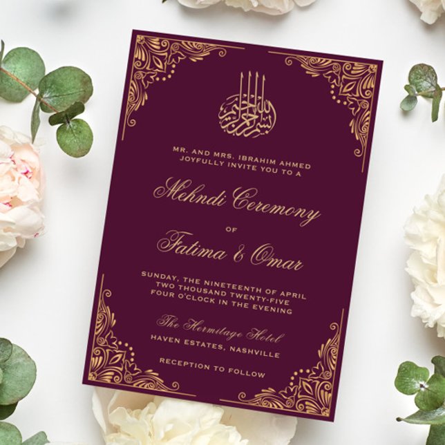 Gold Ornate Plum Islamic Muslim Mehndi Ceremony Invitation (Creator Uploaded)