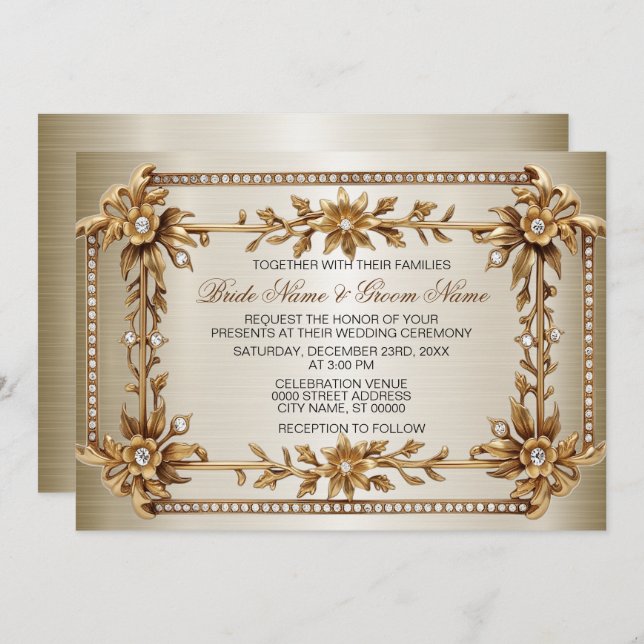 Gold Ornate Rectangle Dimond Flowers Shiny Wedding Invitation (Front/Back)