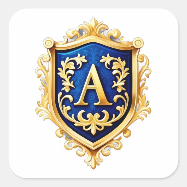 Gold Ornate Shield Crest With Letter A Square Sticker (Front)