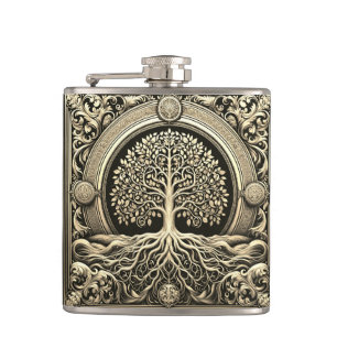 Gold  Ornate Tree of Life Ancient Rustic Hip Flask