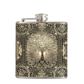Gold  Ornate Tree of Life Ancient Rustic Hip Flask