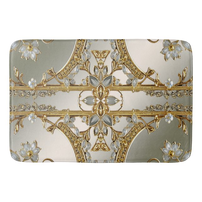 Gold Ornate White Floral Bath Mat (Front)