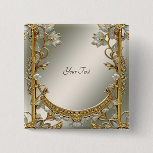 Gold Ornate White Floral Button