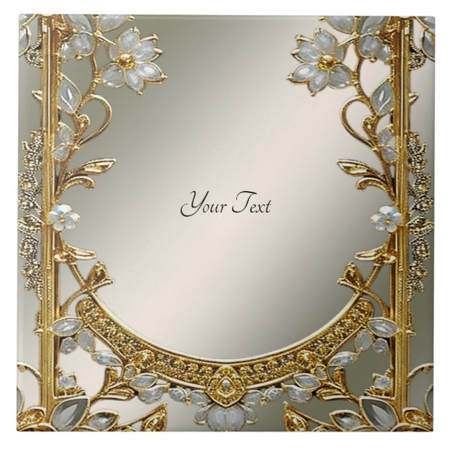 Gold Ornate White Floral Ceramic Tile (Front)