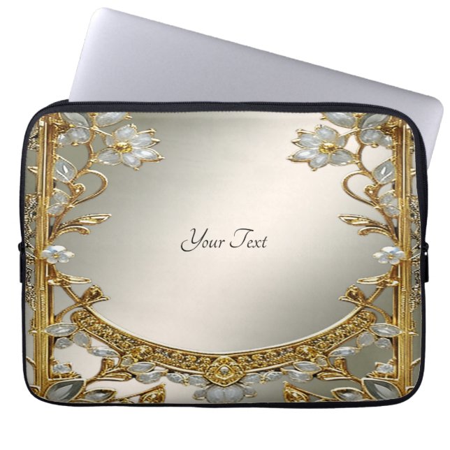 Gold Ornate White Floral Laptop Sleeve (Front)