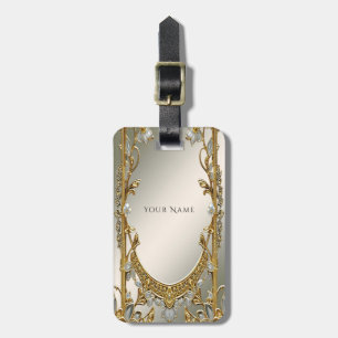 Gold Ornate White Floral Luggage Tag