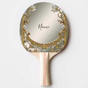Gold Ornate White Floral Ping Pong Paddle