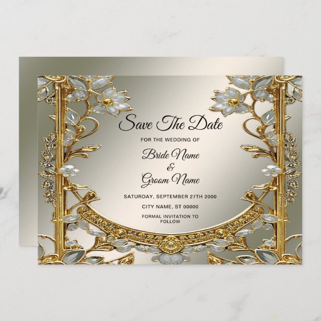 Gold Ornate White Floral Save The Date (Front/Back)