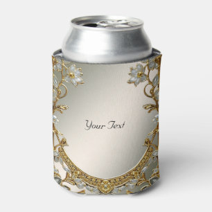 Gold Ornate White Floral Wedding Favour Can Cooler