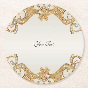 Gold Ornate White Pearls Paper Coaster