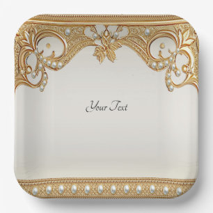 Gold Ornate White Pearls Paper Plate