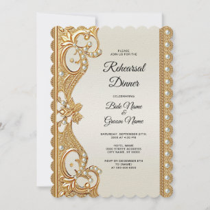 Gold Ornate White Pearls Rehearsal Dinner Invitation