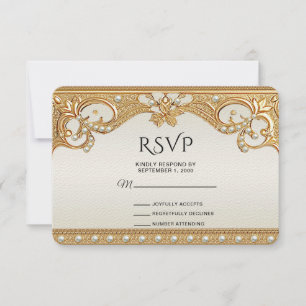 Gold Ornate White Pearls RSVP Card