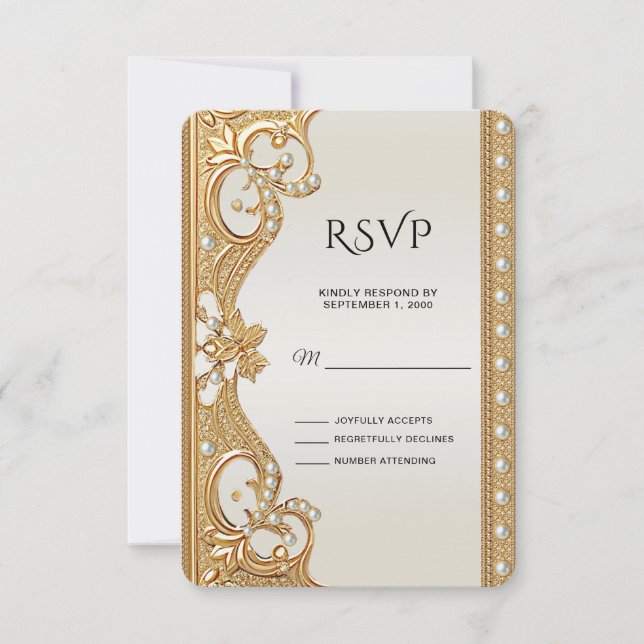 Gold Ornate White Pearls RSVP Card (Front)