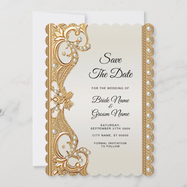 Gold Ornate White Pearls Save the Date (Front)