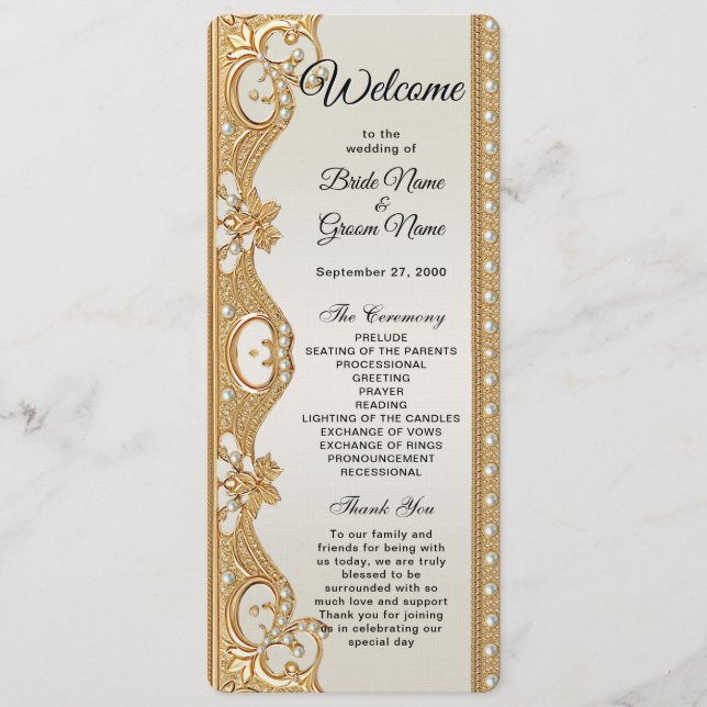 Gold Ornate White Pearls Wedding Program Programme (Front)