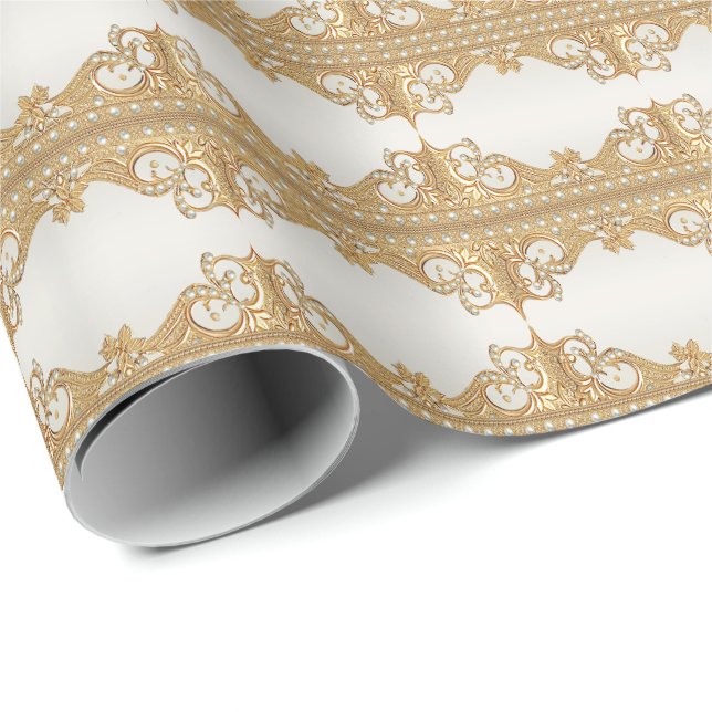 Gold Ornate White Pearls Wrapping Paper (Roll Corner)