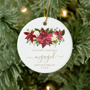 Gold Our First Christmas Engaged Photo Poinsettia Ceramic Tree Decoration