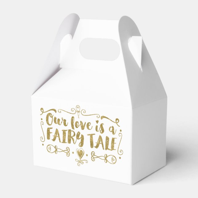 Gold OUR LOVE IS A FAIRY TALE Custom Wedding Favou Favour Box (Front Side)