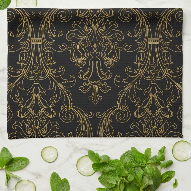 Gold Outline Black Floral Swirls Damask Monogram Tea Towel (Folded)