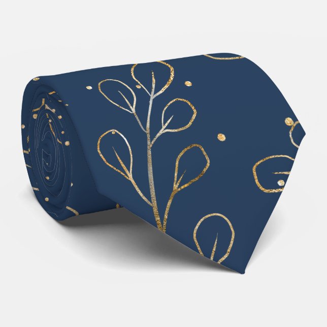 Gold Outline Eucalyptus Navy Blue Elegant Wedding Tie (Rolled)