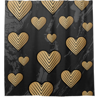 Gold Outline Hearts on Black Marble Texture Shower Curtain