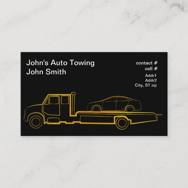 Gold outline rollback wrecker with sedan business card (Front)