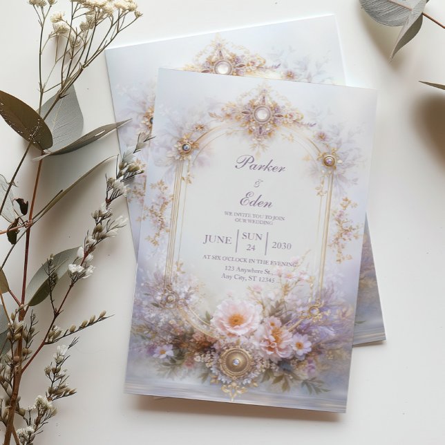 Gold Oval Frame Blush Floral Jewel Elegant Wedding Invitation (Creator Uploaded)