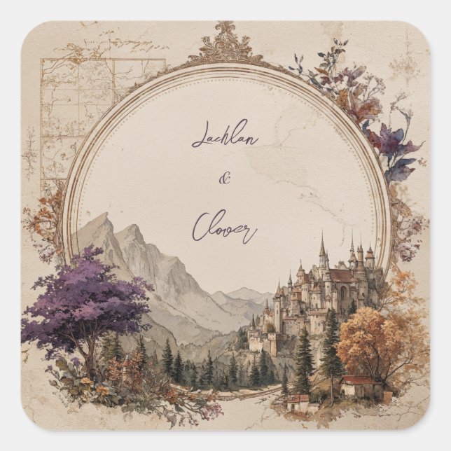 Gold Oval Frame Castle Mountain Fantasy Wedding Square Sticker (Front)