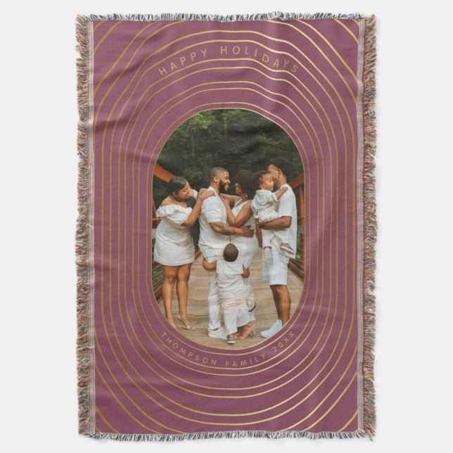 Gold Oval Frame Custom Photo Family Christmas Throw Blanket (Front Vertical)