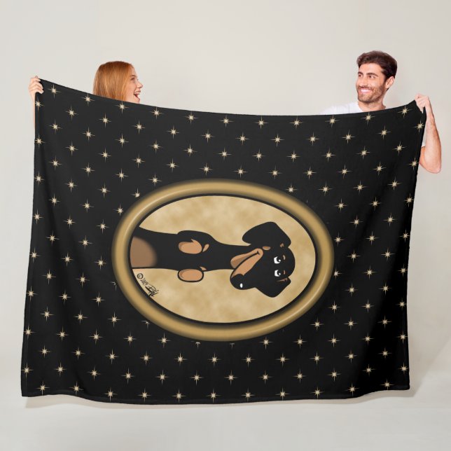Gold Oval Frame Dachshund Portrait (black & tan) Fleece Blanket (In Situ)