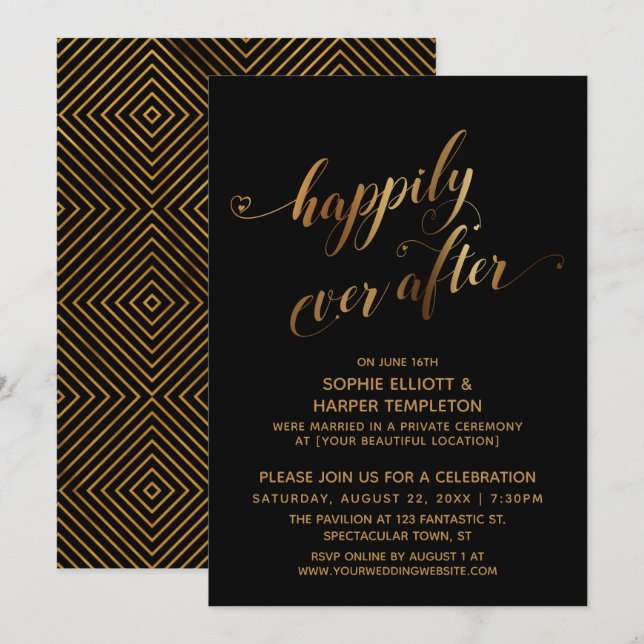 Gold over Black Happily Ever After Post Wedding Invitation (Front/Back)