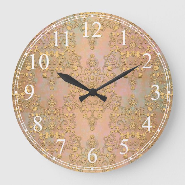 Gold over Gold Antique Style Lace Damask Large Clock (Front)