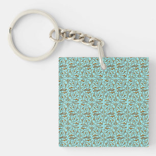 Gold over Teal Blue Green Vine Pattern Key Ring