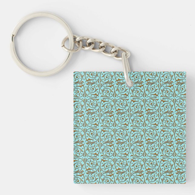 Gold over Teal Blue Green Vine Pattern Key Ring (Front)