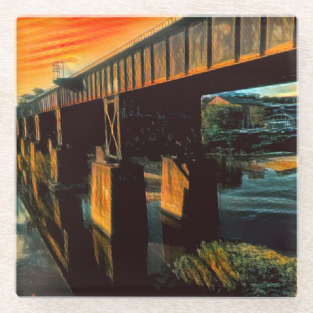 Gold Over The Bridge Glass Coaster (Front)